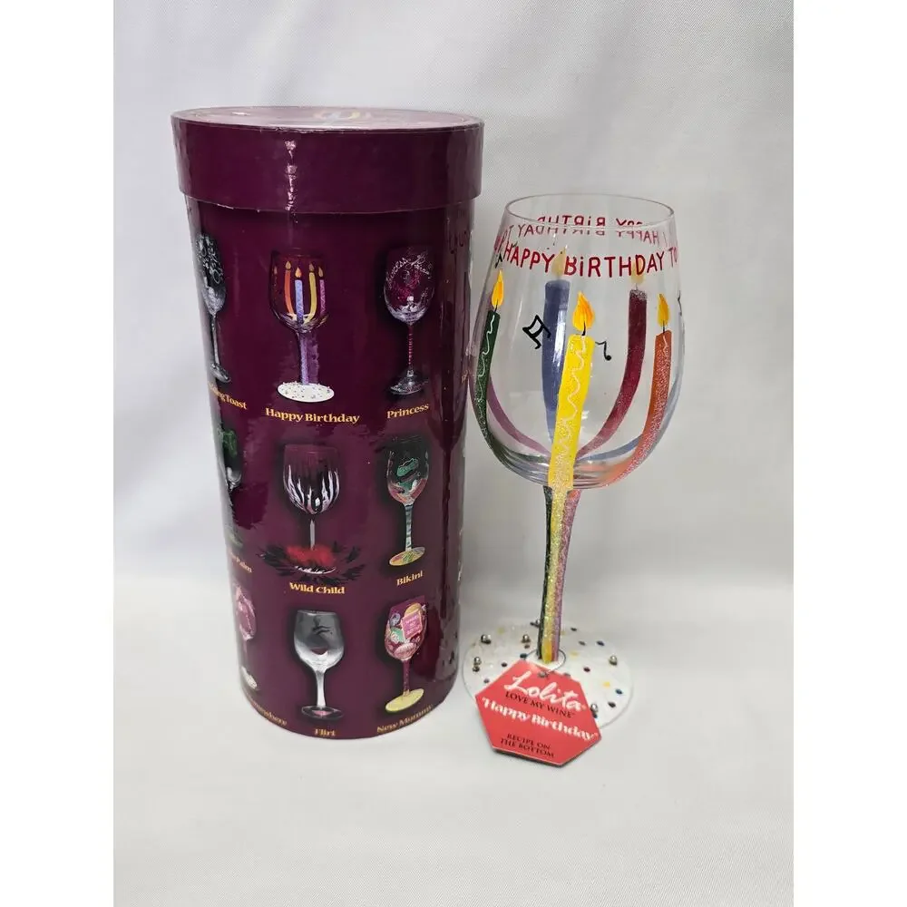 Lolita Love My Wine HAPPY BIRTHDAY 15 oz Hand Painted Artisan Wine Glass